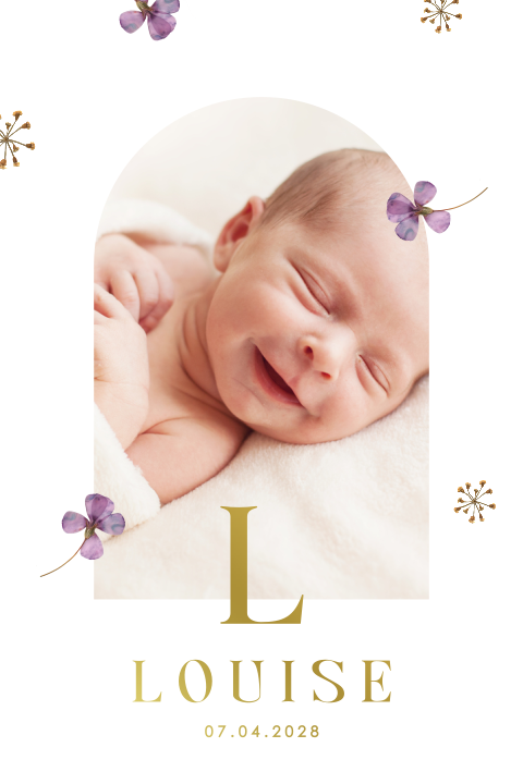 Faire-part de naissance avec photo, arche et violettes