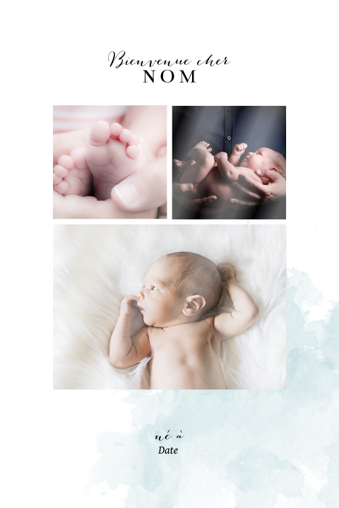 Faire-part de naissance avec photos et aquarelle bleu