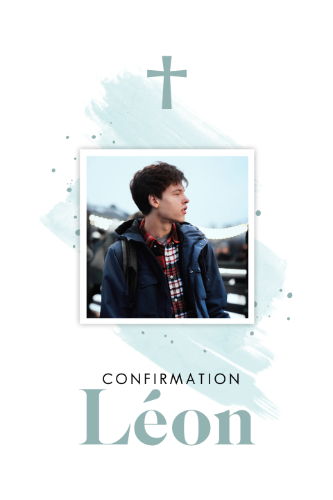 Faire-part de confirmation avec photo et croix sur aquarelle bleue