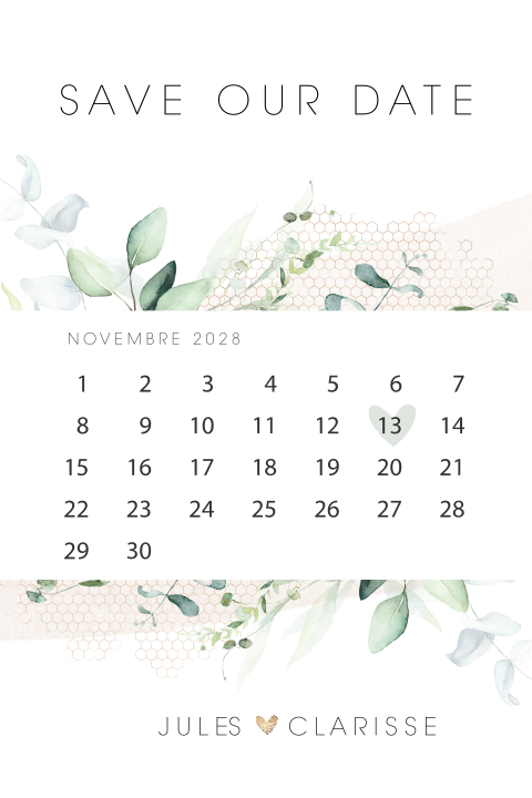 Save the date avec feuilles douces et un calendrier