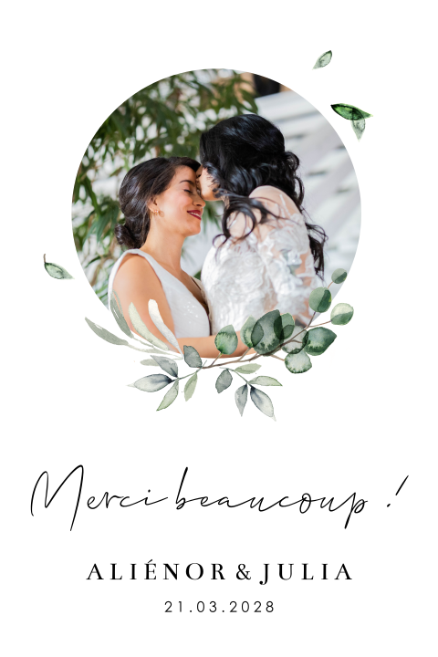 Carte de remerciement avec des feuilles et une photo ronde