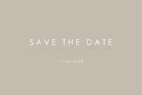 Save the date avec un fond couleur sable et un texte en vernis