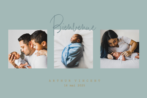 Faire-part de naissance avec trois photos sur fond bleu