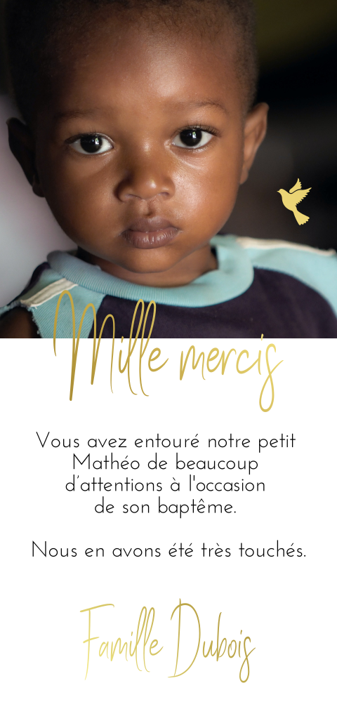 Carte de remerciement de baptême avec photo et dorures
