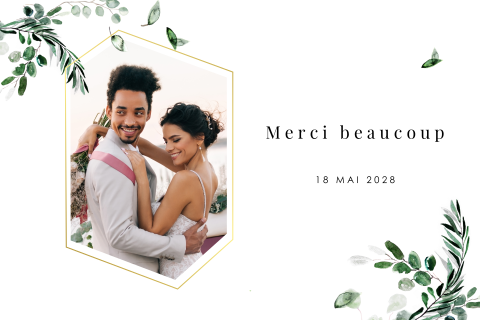 Carte de remerciement avec photo, branches et feuilles