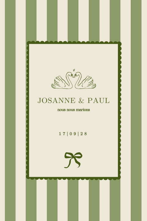 Faire-part de mariage avec rayures et cadre verts et des cygnes