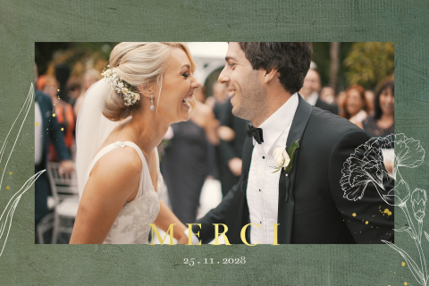 Carte de remerciement vintage vert foncé avec photo et fleurs