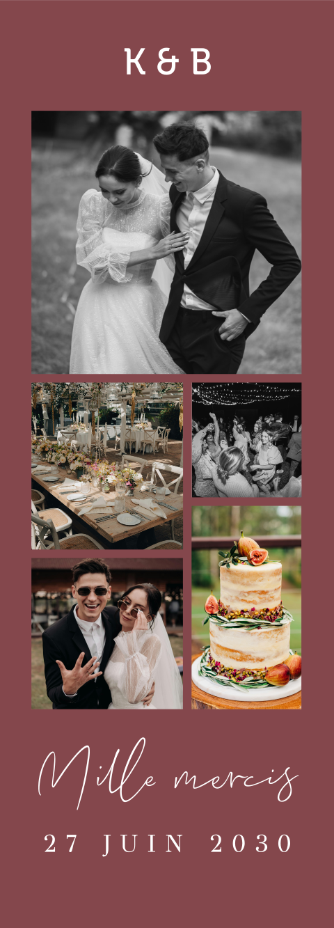 Marque-page remerciement magnet avec cinq photos sur fond rose foncé