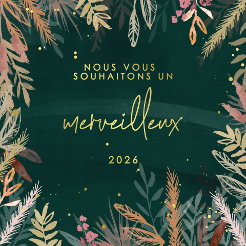 Carte de vœux avec des dorures et branches sur fond vert foncé