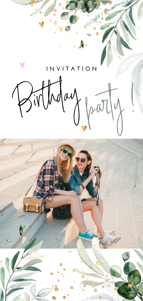 Invitation tendance avec des feuillages à l'aquarelle et une photo