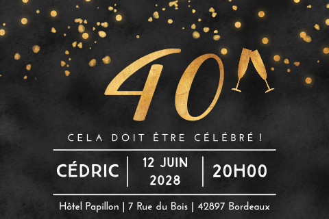 Carte d'invitation élégante pour les 40 ans sur fond noir