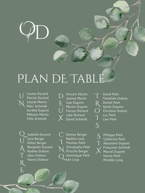 Plan de table vert avec feuilles d'eucalyptus