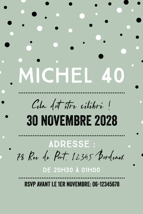 Carte d'invitation pour les 40 ans avec des confettis sur fond vert