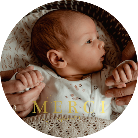 Carte de remerciement naissance ronde avec nom en dorure et photo