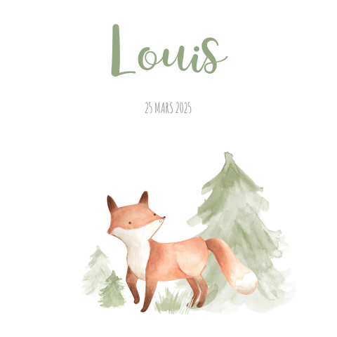 Faire-part de naissance avec dessin en aquarelle avec un renard