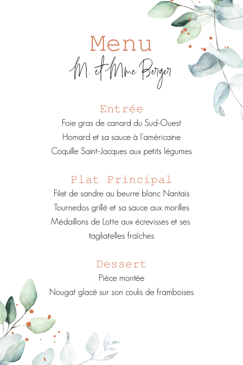 Carte de menu avec des feuilles d'eucalyptus et des coins arrondis