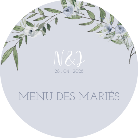 Carte de menu ronde avec feuilles et fleurs bleues