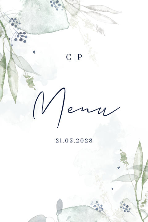 Menu élégant avec des feuilles bleues et vertes