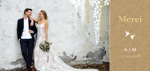 Carte de remerciement, aspect kraft, feuilles et oiseaux en dorure