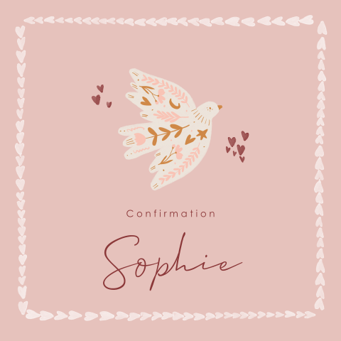 Faire-part de confirmation rose avec colombe et cadre de cœurs