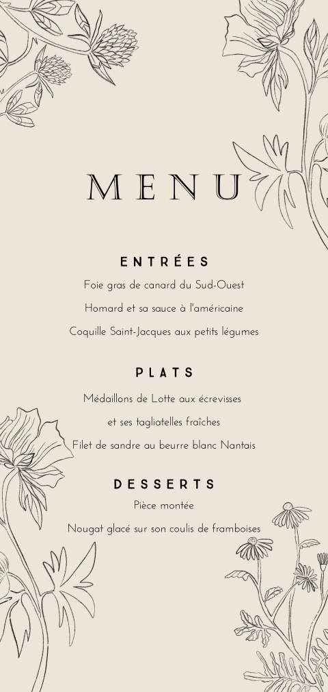 Carte de menu élégante avec des illustrations des fleurs