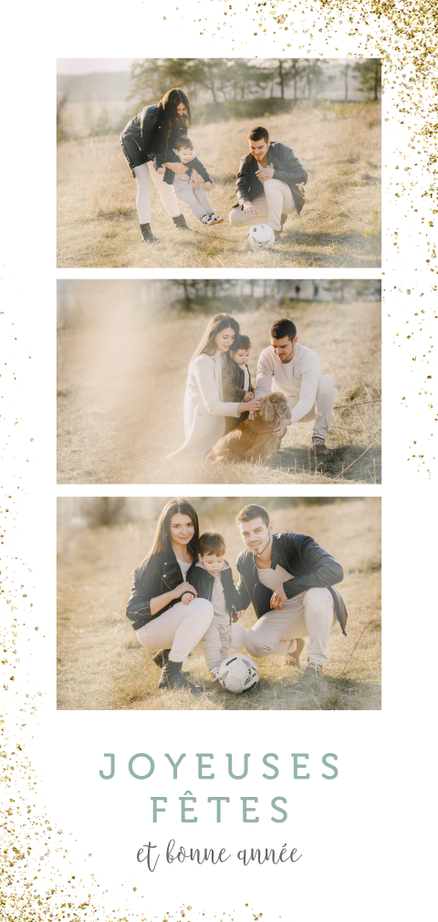 Carte de Noël avec photos, étoiles et effet poudre d'or