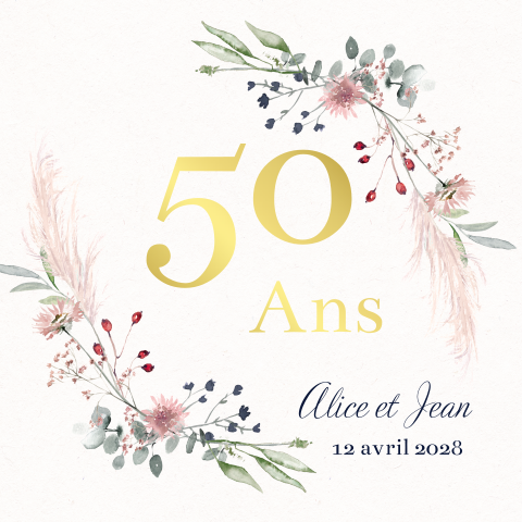 Invitation noces d'or avec feuilles et fleurs