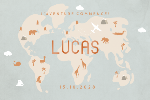 Faire-part de naissance avec carte du monde et animaux