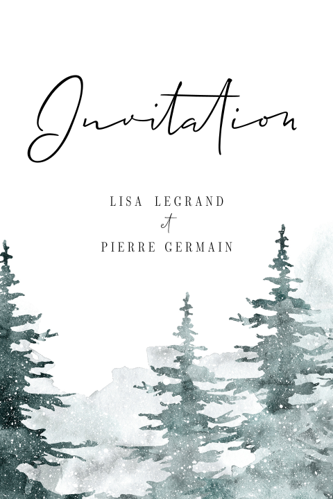 Faire-part de mariage hivernal avec des sapins en aquarelle