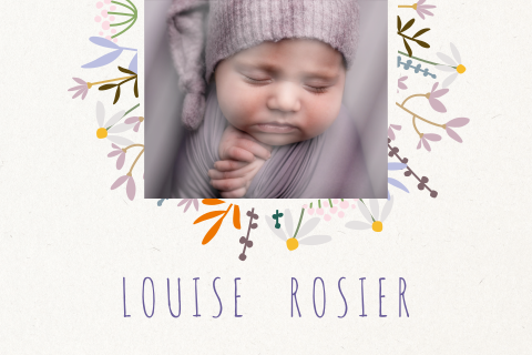 Faire-part de naissance coloré avec des fleurs et une photo