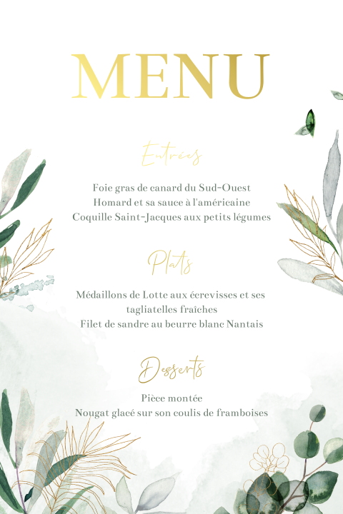 Menu élégant avec des branches d'aquarelle vertes et des dorures