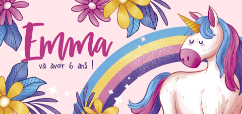 Carte d'invitation joyeuse avec une licorne et des fleurs