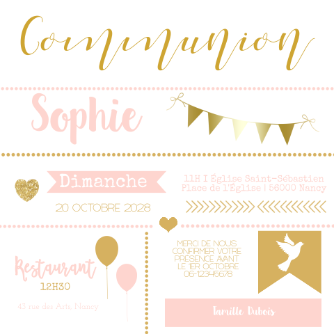 Faire-part de communion moderne avec décorations festives et colombe