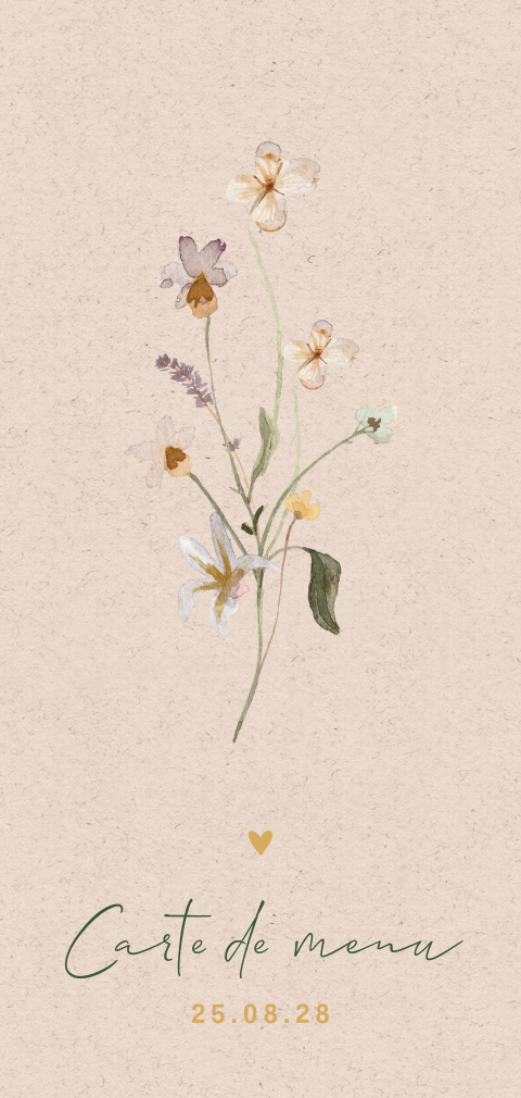 Menu allongé avec des fleurs sur fond aspect papier recyclé