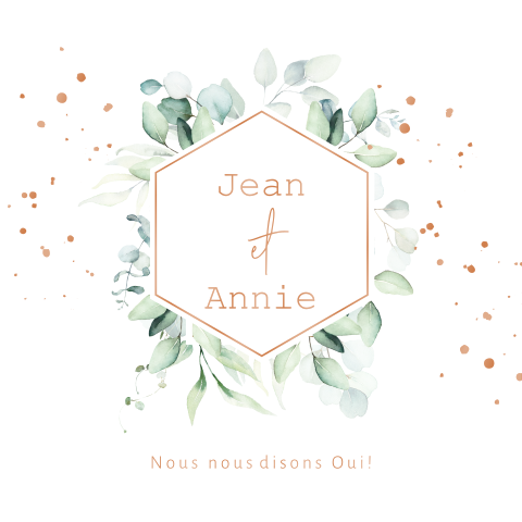 Faire-part avec hexagone, feuilles et détails en vernis