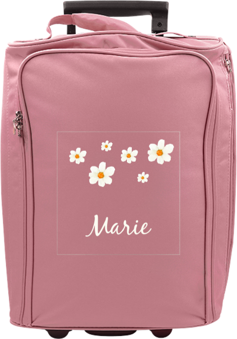 Valise à roulettes avec paquerettes et prénom de l'enfant