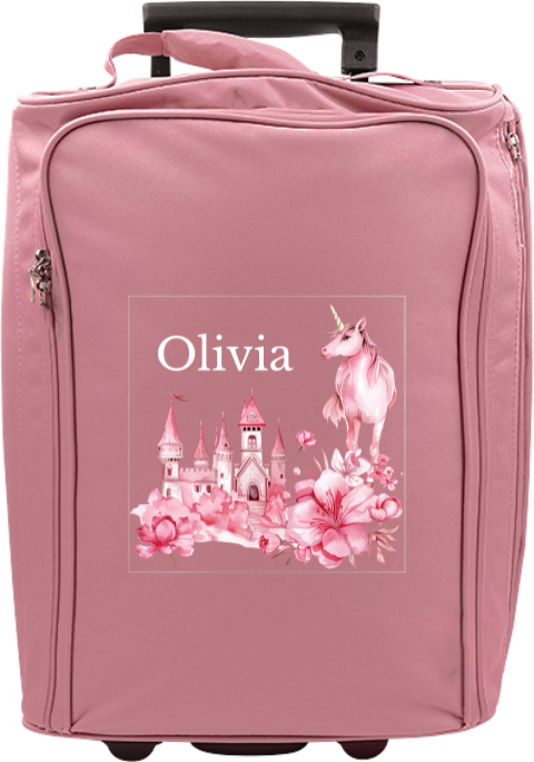 Valise à roulettes avec château rose, licorne et prénom