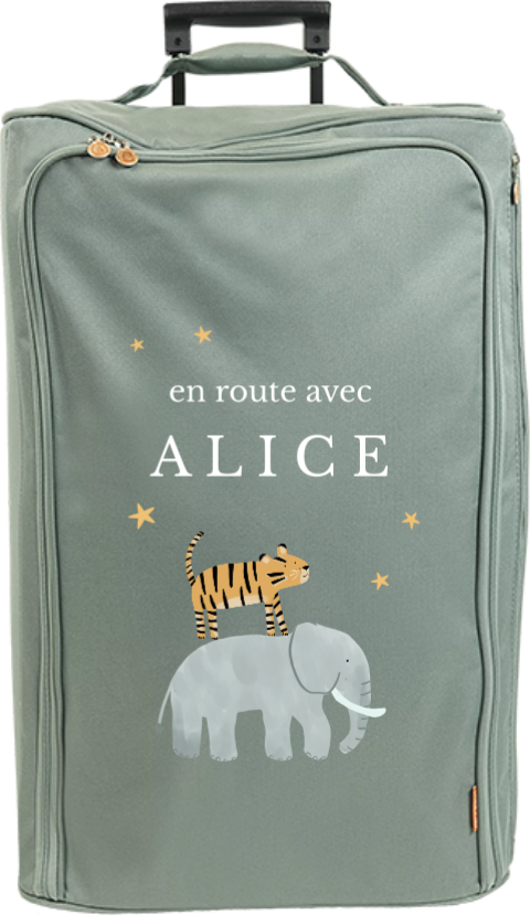 Valise à roulettes avec éléphant, tigre, étoiles et prénom