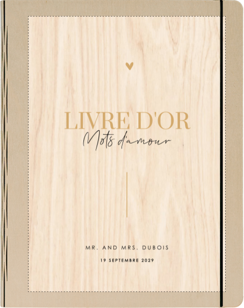 Livre d'or en bois classique avec texte en jaune ocre et noir