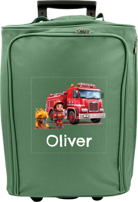 Valise à roulettes avec pompiers, camion de pompiers et prénom