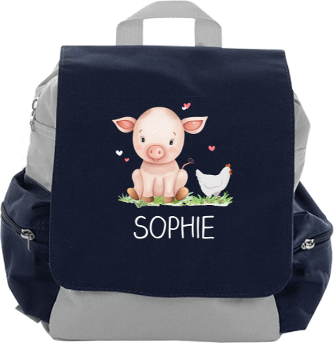 Sac à dos avec dessin d'un cochon et d'une poule