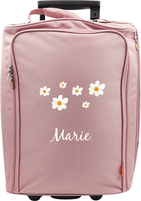 Valise à roulettes avec paquerettes et prénom de l'enfant