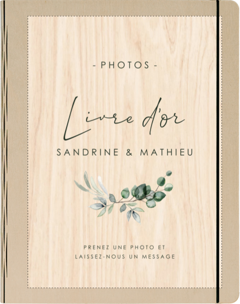 Livre d'or en bois avec feuilles d'eucalyptus