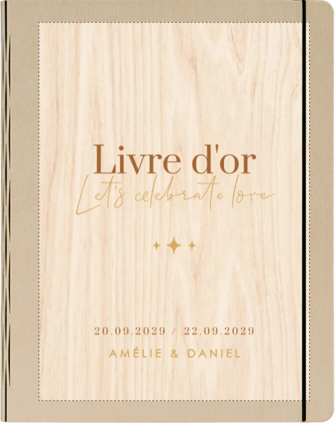 Livre d'or en bois en jaune et marron avec petites étoiles