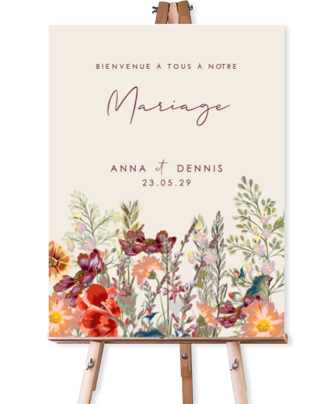 Panneau de bienvenuve avec fleurs des champs colorés