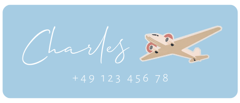 Étiquette de nom avec avion, nom et numéro de téléphone 50x20 mm