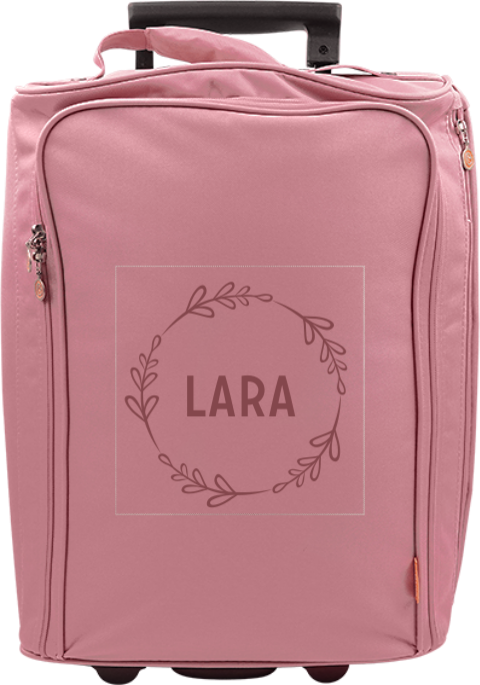 Valise à roulettes avec couronne de fleurs rose et prénom