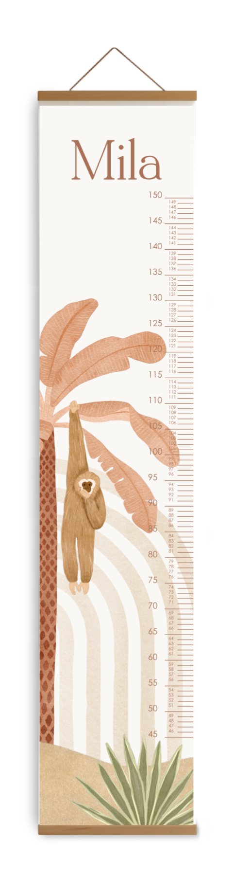 Toise avec singe accroché à un palmier