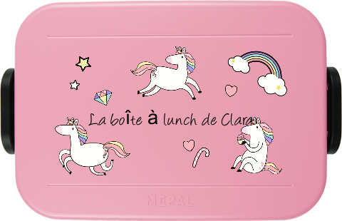 Boîte à lunch rose TO GO avec nom, licornes et arcs-en-ciel