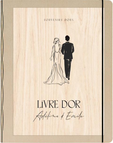 Livre d'or en bois classique avec dessin des mariés